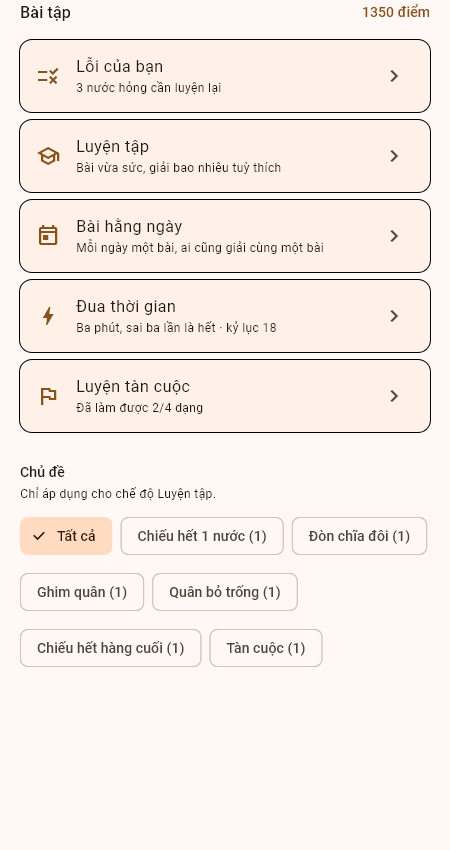 Bảng chọn chế độ luyện tập: Lỗi của bạn, Luyện tập, Bài hằng ngày, Đua thời gian, Luyện tàn cuộc