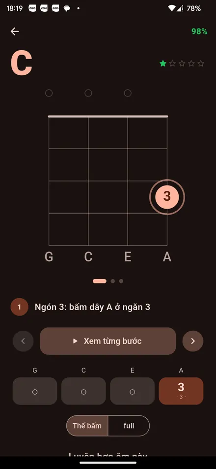 Hướng dẫn bấm hợp âm C, sáng đúng ngón đang được nói tới