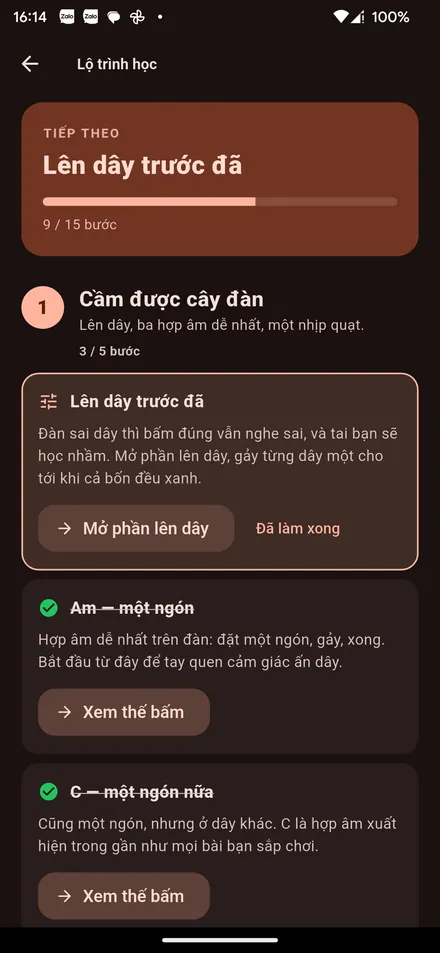 Màn hình lộ trình học của UkeFlow, chia ba chặng với các bước đã hoàn thành